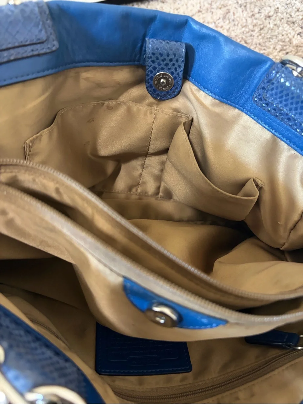 Coach Penelope Cobalt Blue Leather Tote Bag Snakeskin Trim EUC